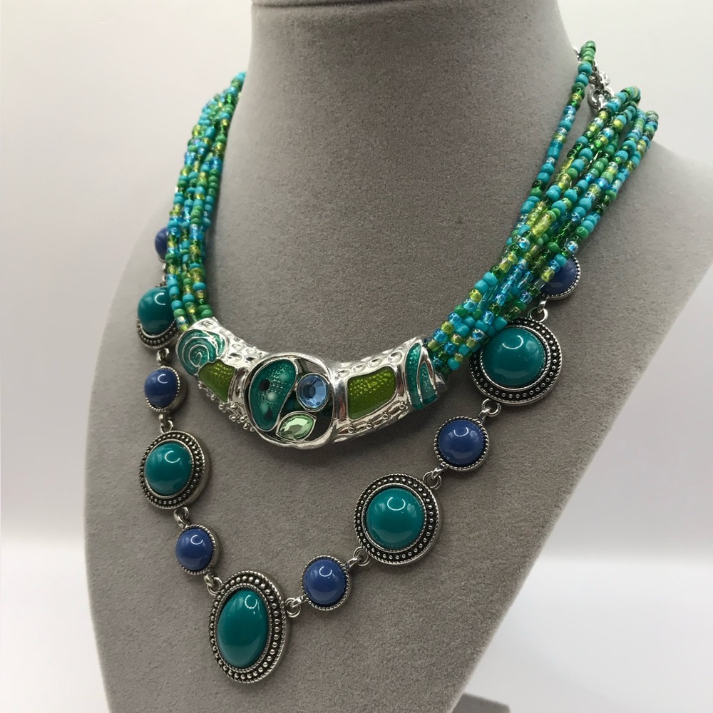 2 Multicolor Beaded Statement Necklaces - image 3